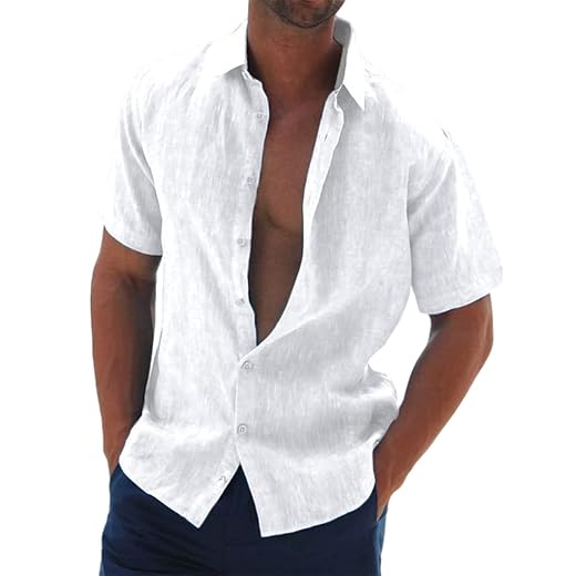 Halfword Camisa Lino Hombre Manga Corta Verano Casual Coton Botones Camisa Suelta Playa Boda Blanca Shirt Blanco XXXXL