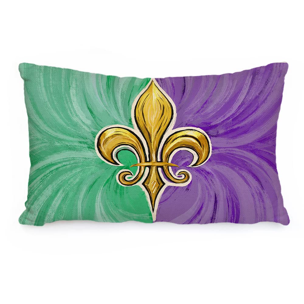 AACORS Mardi Gras Lumbar Pillow Cover 12X20 Golden Fleur De Lis Decor Farmhouse Decorative Green Purple Cushion Case Home Decorations for Sofa Couch AA101-12