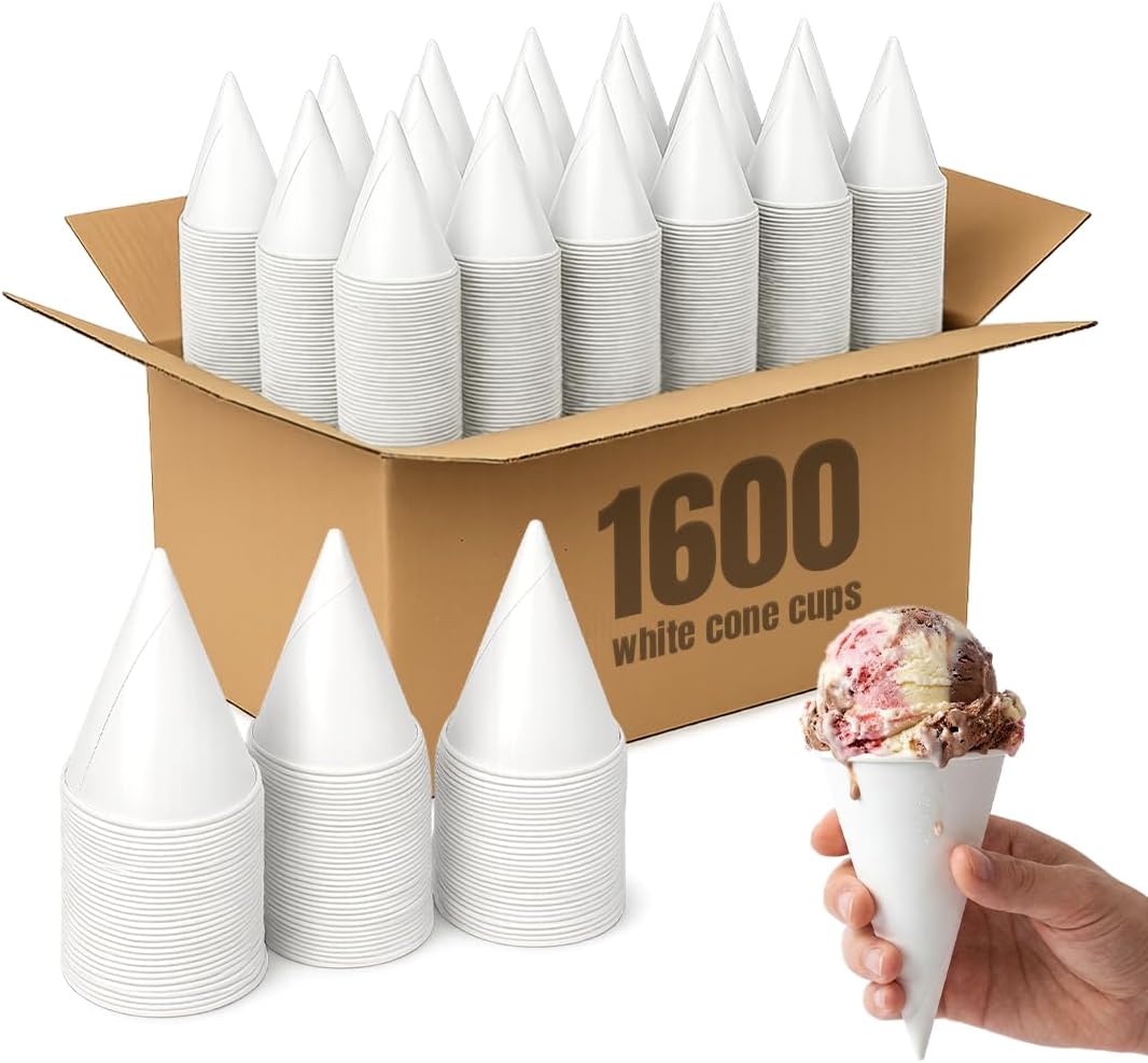 Paper Snow Cone Cups Bulk (Pack of 1600-4.5 Oz) Paper Cone Cups for Water Cooler Dispenser, Leak-Proof, Snowcone 4.5 oz, Snow Ideal for Events, Quick Hydration & Efficient Cleanup