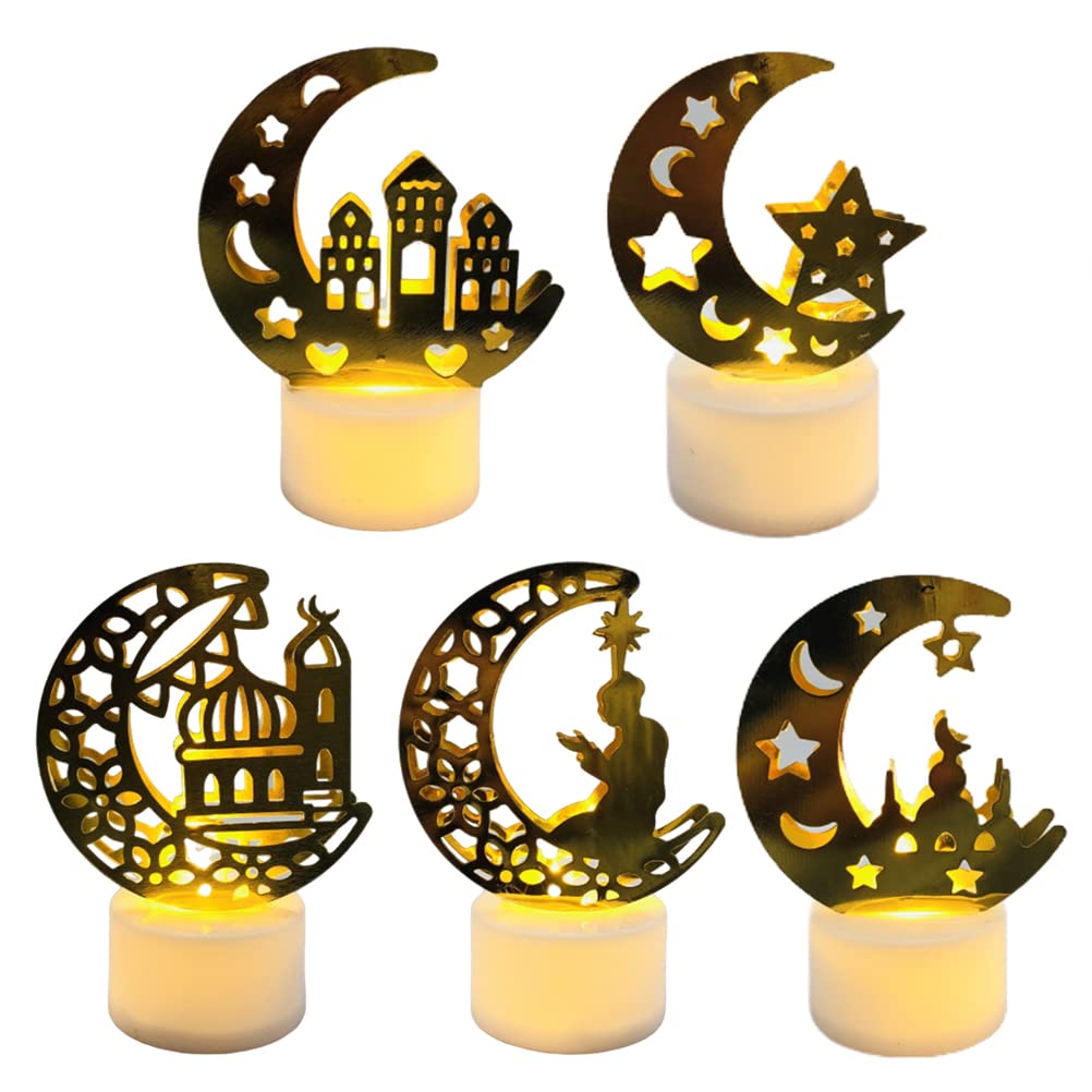 5PCS Ramadan Mubarak Candle Lanterns - Eid Candle Lights, Ramadan LED Candle Lantern Holders Gifts for Home, Table, Party, Muslim Islam Festival Decor (B)