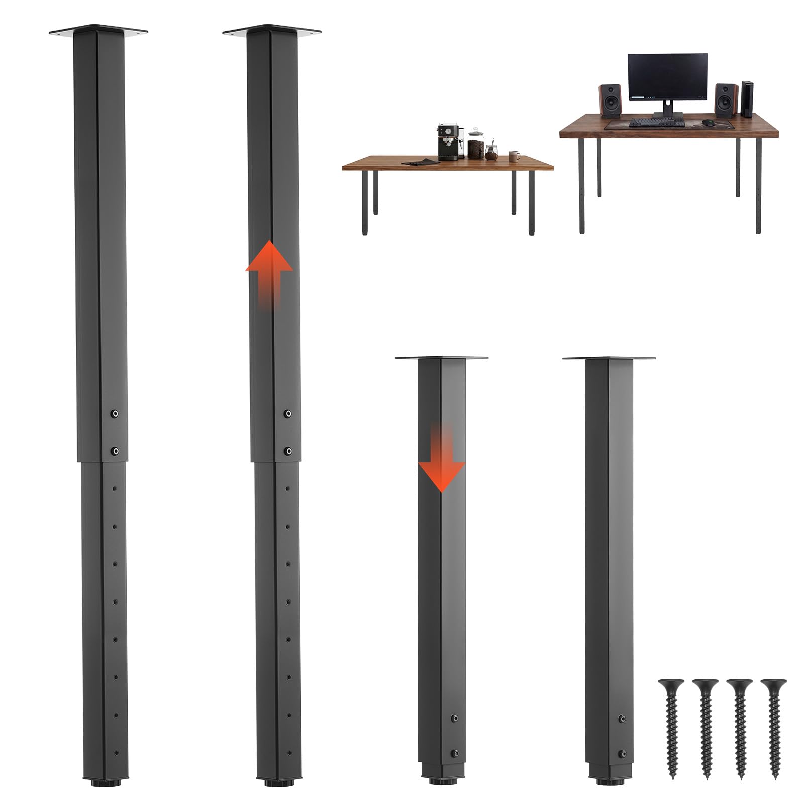 VEVOR Pieds de Table Réglables en Hauteur 610-1016 mm Lot de 4, Pieds de Bureau, Tubes Carrés en Acier au Carbone, Charge Max. 544 kg pour Bureau, Table à Manger, Établi et Table de Bar, DIY, Noir