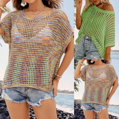 YOSUWOAI Top de ganchillo para mujer para el verano de punto para la playa, traje de baño, parte superior de manga corta, camiseta de ganchillo, estilo bohemio, hippie, hollow out, jersey de punto