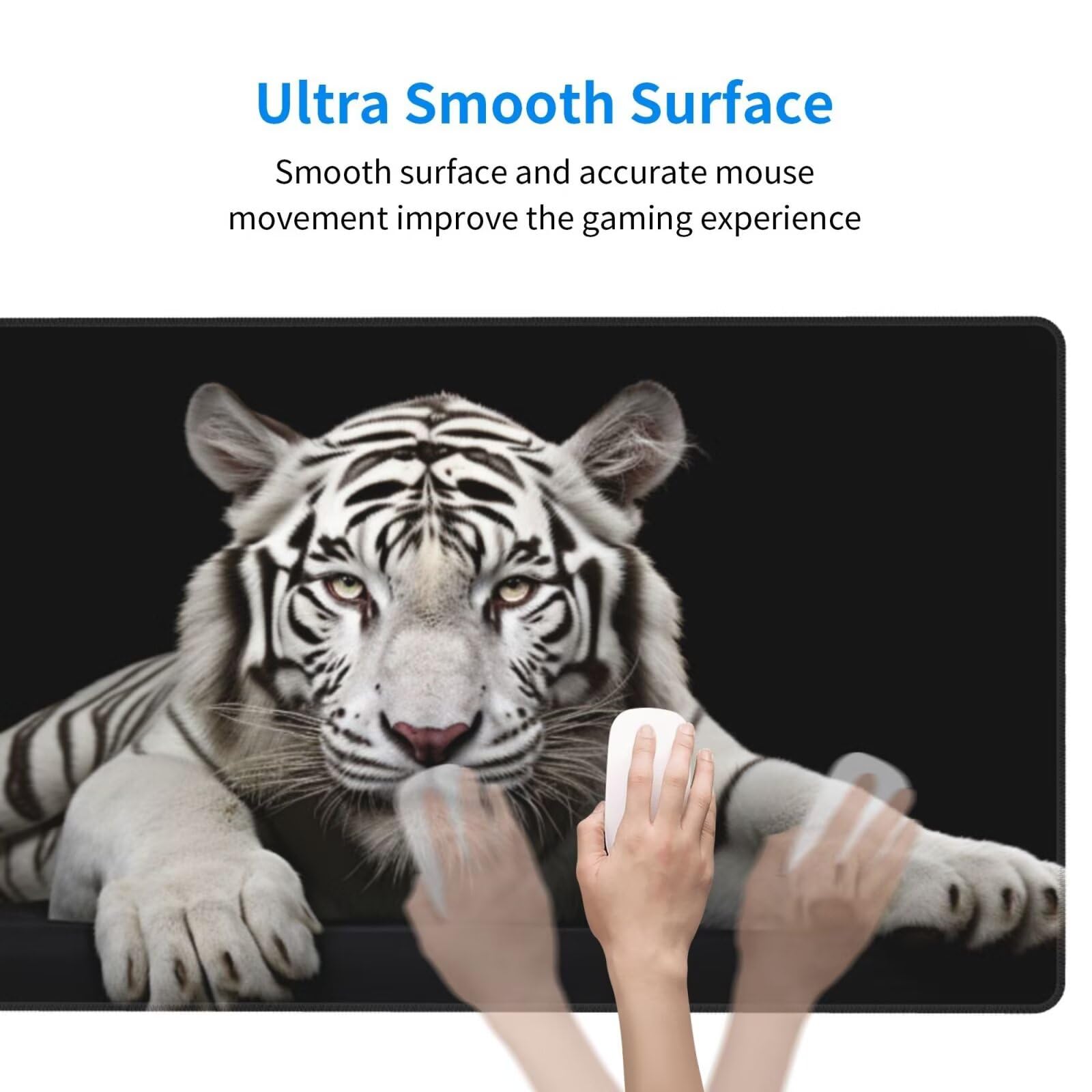 Gaming Mauspad XXL,900 x 600 x 3mm Mousepad Verlängertes Groß Mauspad Schreibtischauflage,Genähte Kanten Rutschfeste Gummibasis,Verbessert Präzision und Geschwindigkeit Home Office Weißer Tiger L-1858