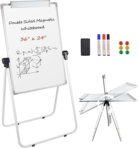 Pizarra blanca con soporte, 36 x 24 pulgadas, pizarra magnética de borrado en seco de doble cara con soporte ajustable en altura, soporte de