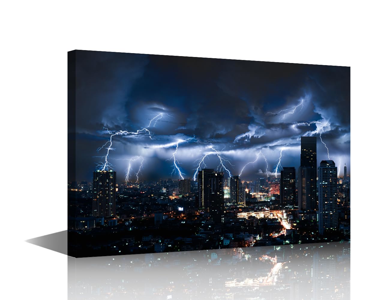 TISHIRON Skyline Wall Art for Living Room City Night View Picture Wall Decor Blue Light Pictures Framed Wall Painting Canvas Prints House Decoration for Bedroom Modern Artwork Office Wall Art 18x12in