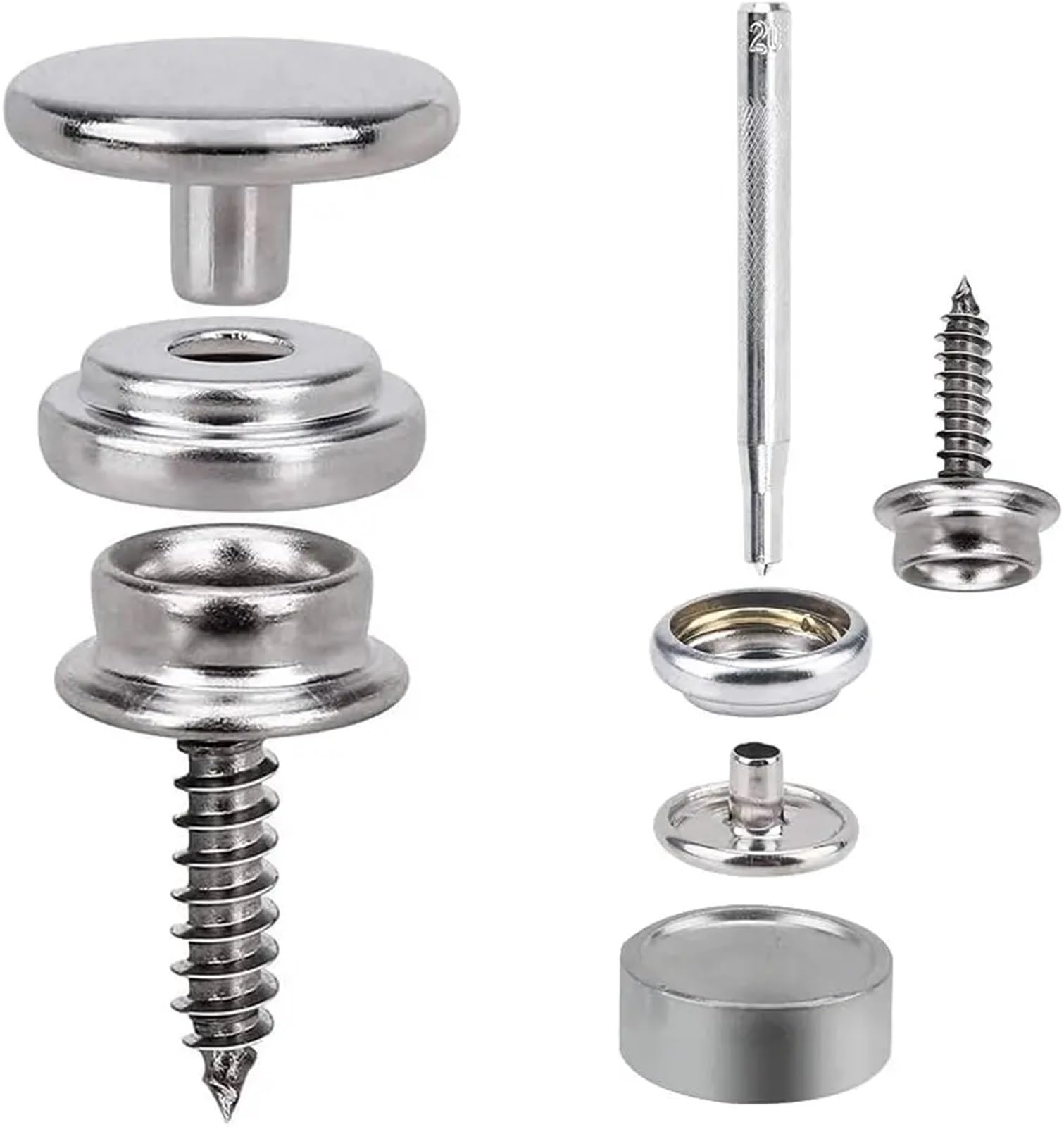 Kit de 150 broches for lona, ​​tornillos metálicos, grado marino, 3/8", acero inoxidable, con herramienta ajuste