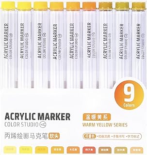 Yellow Acrylic Paint Pen Markers, 9 Colors Soft Brush Tip Paint Pens for Wood Glass Eggs Rock Painting Canvas Stone Fabric DIY Crafts Making Art Supplies (Yellow)