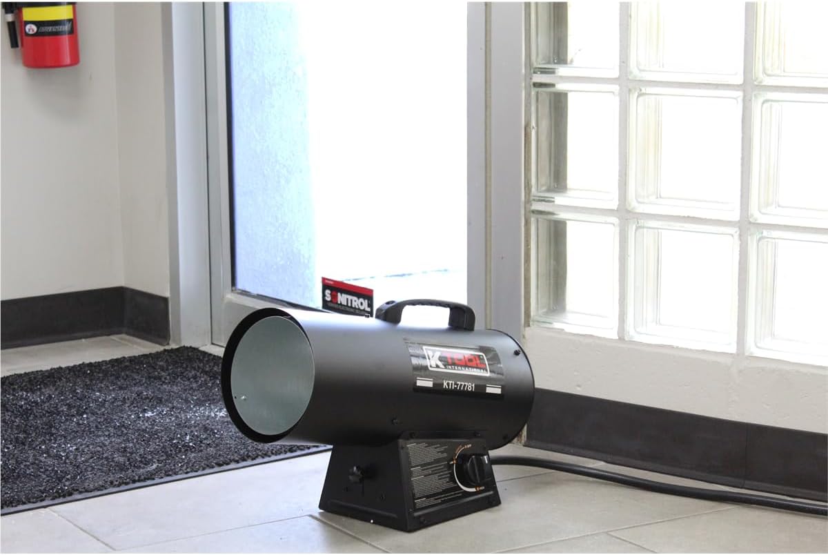 K Tool International 77781 Industrial Forced Air Propane Space Heater with Adjustable Height for Warehouse, Garage, Shop, and Jobsite, 60,000 BTU, 110V/60Hz, Includes Regulator and 10' Hose, Black