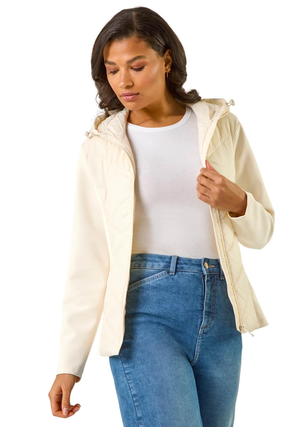 Roman Women's Ivory Contrast Hooded Padded Jacket Size 18