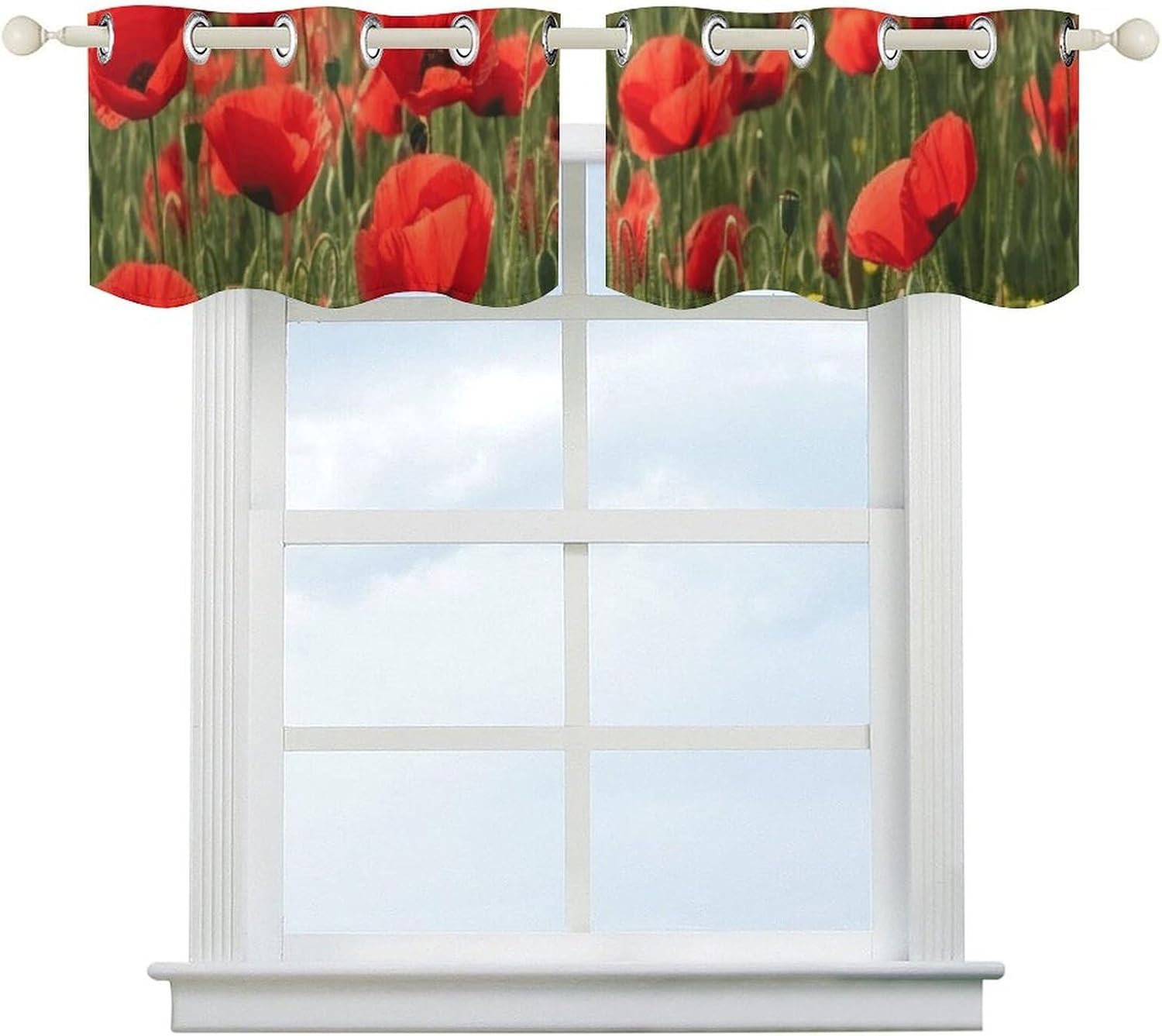 Red Poppy Field Farm Meadow Landscape Valances for Window 2 Panels. Light Filtering Curtains Farmhouse Short Small Valance.Modern Curtains for Windows Living Room Kitchen Over Sink.