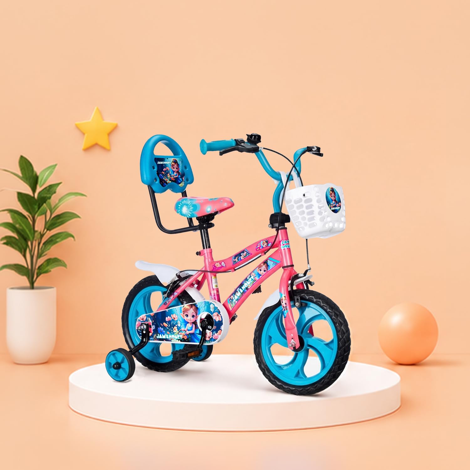 Amazon Brand – Jam & Honey 14T Bicycle for Kids | Sturdy Steel Frame | EVA Tyres | Adjustable Seat & Handlebar | Training Wheels | Front Storage Basket | Pink | for Ages 5+ Years-image-5