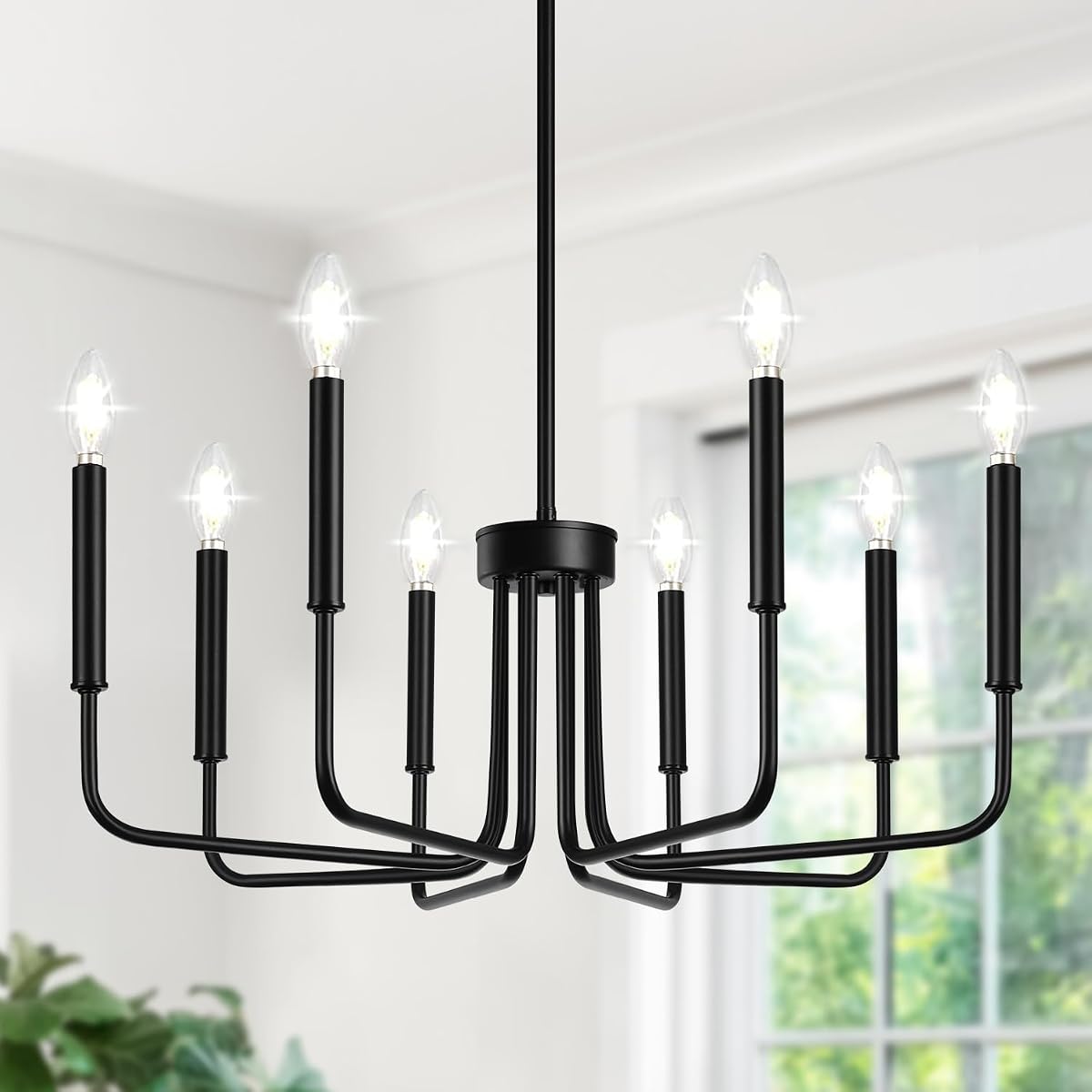 Lynnoland Lámpara de araña negra de 8 luces, lámpara de granja para accesorios de iluminación de comedor, lámpara colgante de vela vintage para dormitorio, vestíbulo y sala de estar