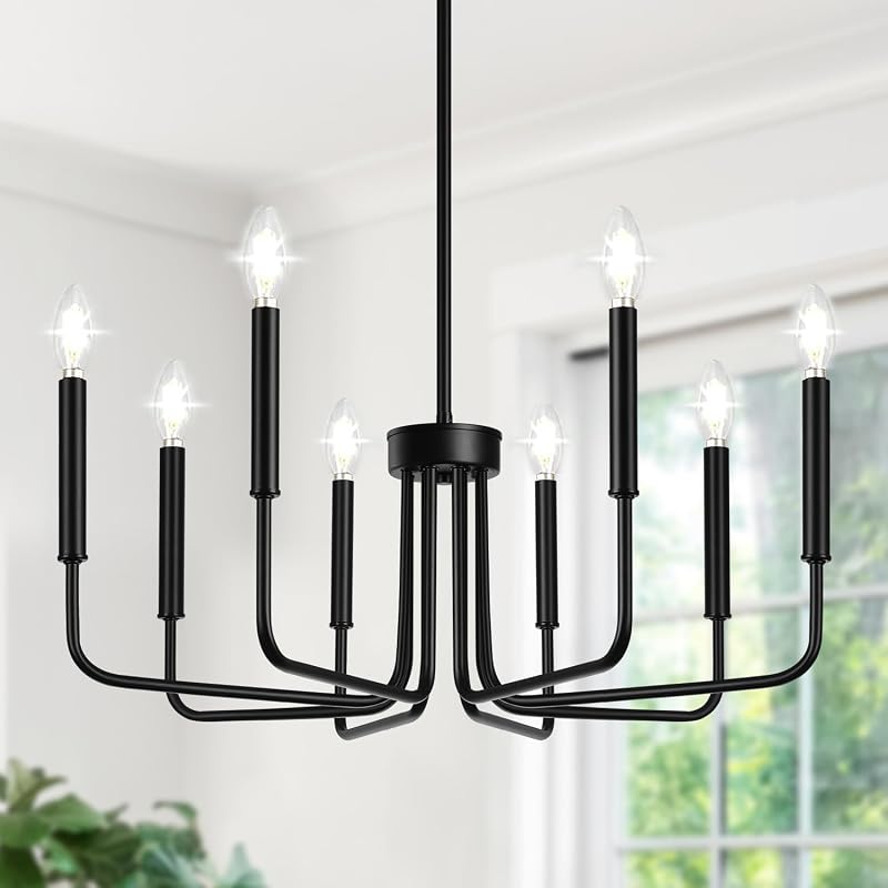 Lynnoland Lámpara de araña negra de 8 luces, lámpara de granja para accesorios de iluminación de comedor, lámpara colgante de vela vintage para dormitorio, vestíbulo y sala de estar
