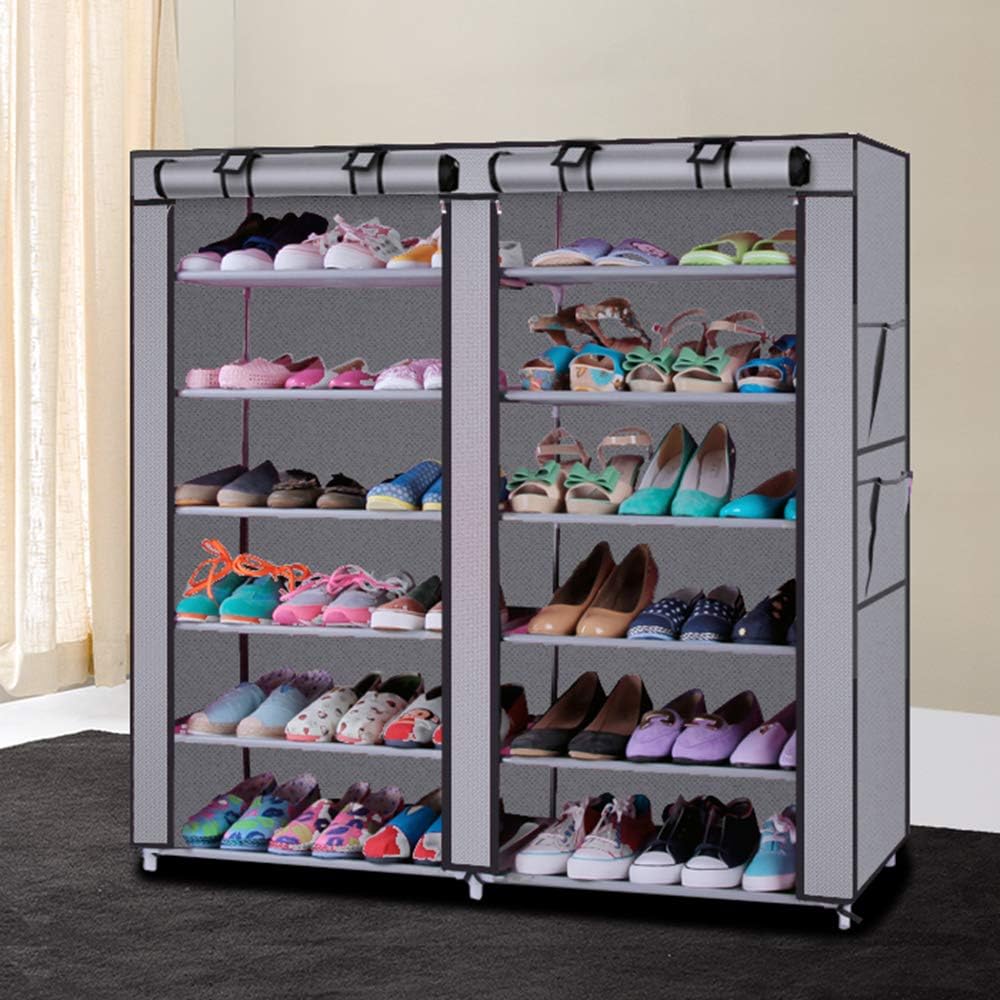 Hommoo 2 Rows 7 Tiers 12 Lattices Combination Style Shoe Cabinet Portable Shoe Rack Closet with Fabric Cover Shoe Storage Organizer Cabinet.(Gray)