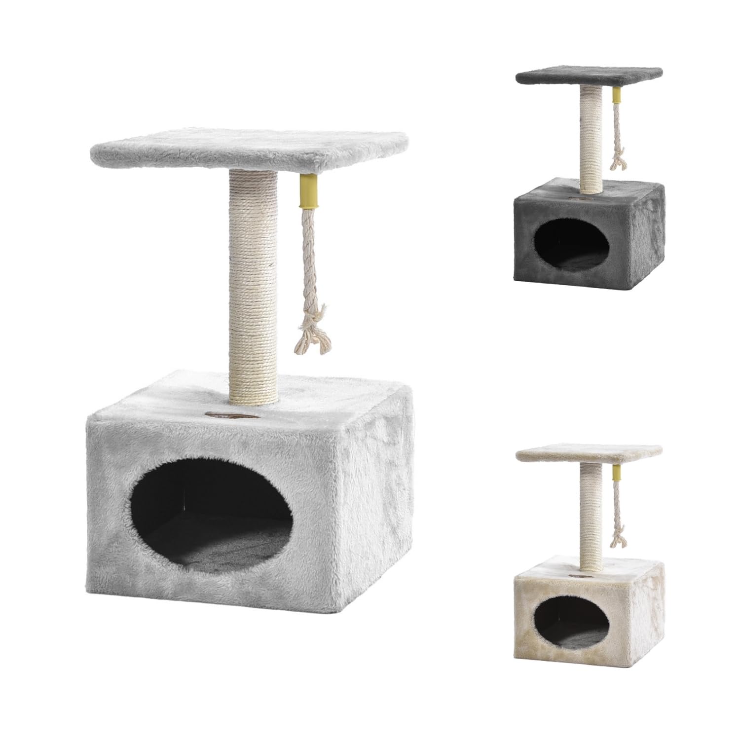 Rascador de sisal Natural con caseta de Peluche y Cuerda de Juego, fácil Montaje y Base Reforzada, Altura 52 cm - Relax Gris Claro
