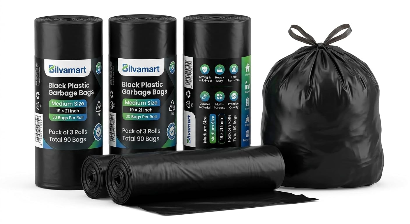 Black Plastic Garbage Bags | Medium Size 19x21 Inch | 30 Bags Per Roll | Pack of 3 Rolls (90 Bags) | Dustbin Bags for Home, Kitchen, Hotels & Restaurants | Strong & Leak-Proof Trash Bags-picture-15