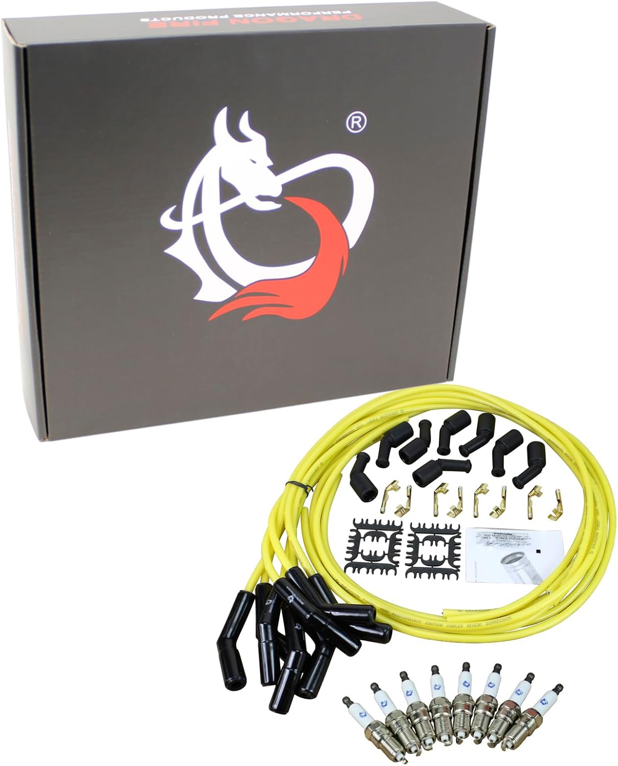 DRAGON FIRE PERFORMANCE Custom Fit Power Pack With Iridium Spark Plugs and Universal LS Ceramic Plug Wires Compatible With 2014-2021 Cadillac Chevy & GMC 5.3L 6.2L 6.6L V8 Oem Fit Kit-1364