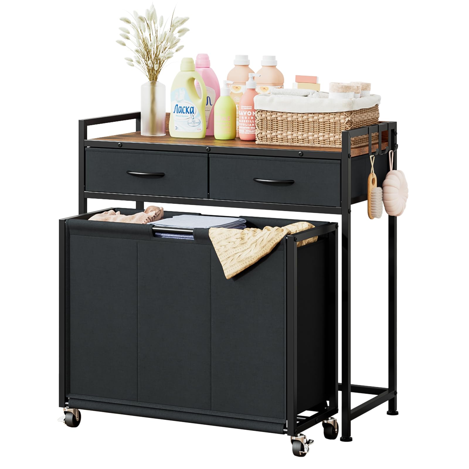 Panier à linge avec étagère et 2 tiroirs en tissu – 3 compartiments en tissu Oxford imperméable avec poignées et roulettes pivotantes, cadre en métal