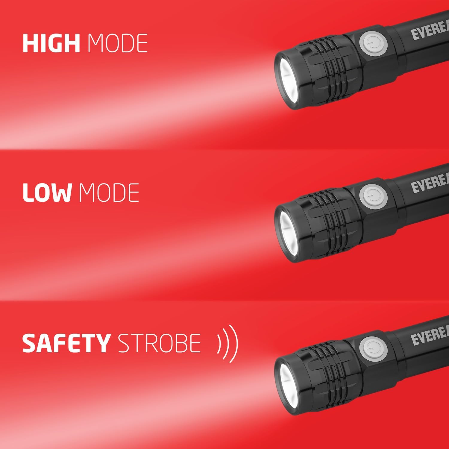 Three images showing the Eveready flashlight in High mode, Low mode, and Safety Strobe mode.