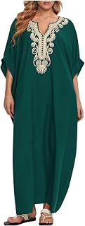 fartey Moo Moos for Women Boho Embroidery Long Kaftan Dresses V Neck Batwing Sleeve Swimsuit Beach Cover Ups Mumu Dresses