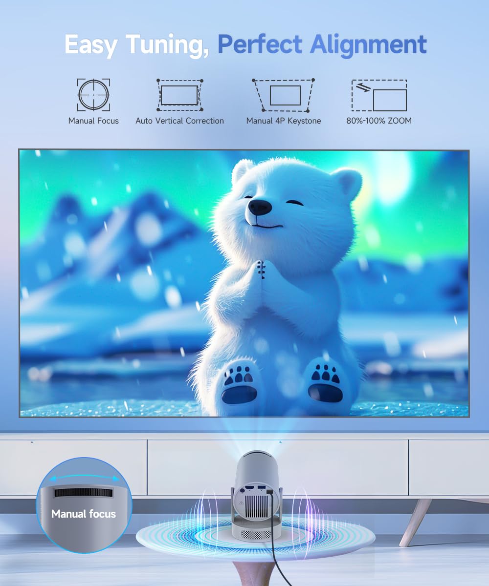 Magcubic Mini Projector with WiFi 6 and Bluetooth 5.4, Portable Projector 4K Support, 5W Soundbase Speaker, Auto Vertical Keystone 180°Rotatable Smart Proyector for Movie Home Outdoor: Manual Focus & Grey