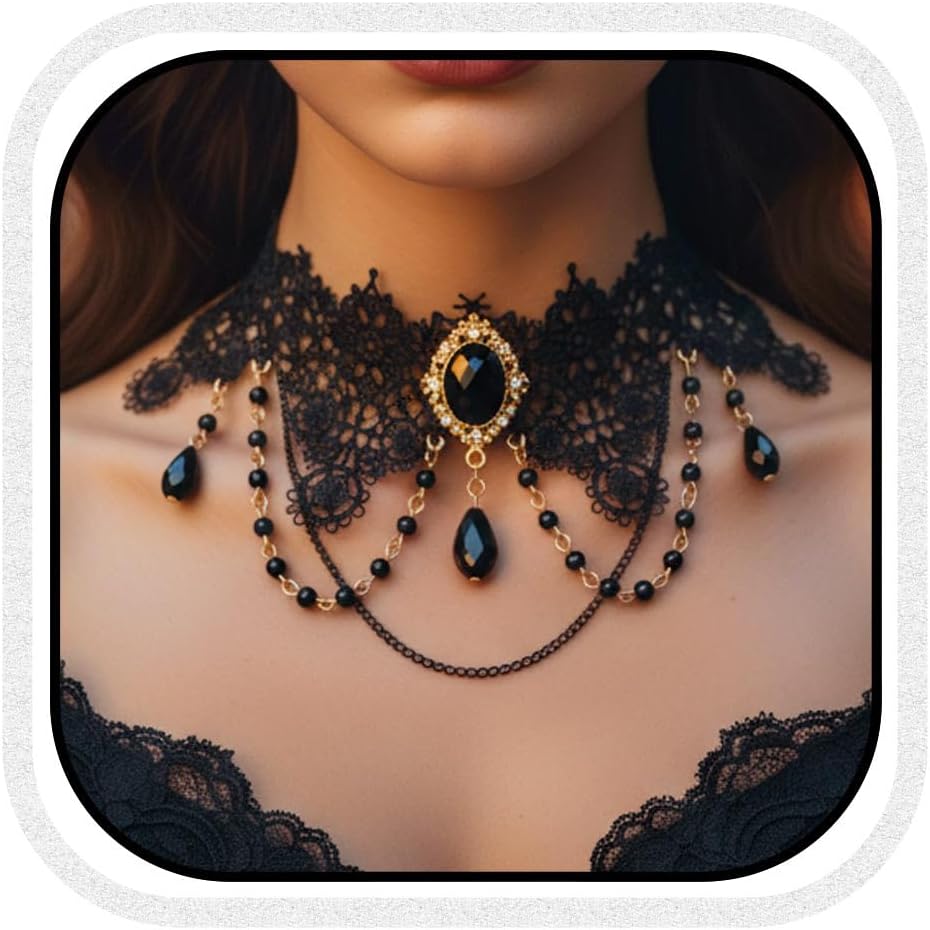 Gothic Choker Necklaces Black Lace Necklace Rhinestone Halloween Necklace Chain for Women