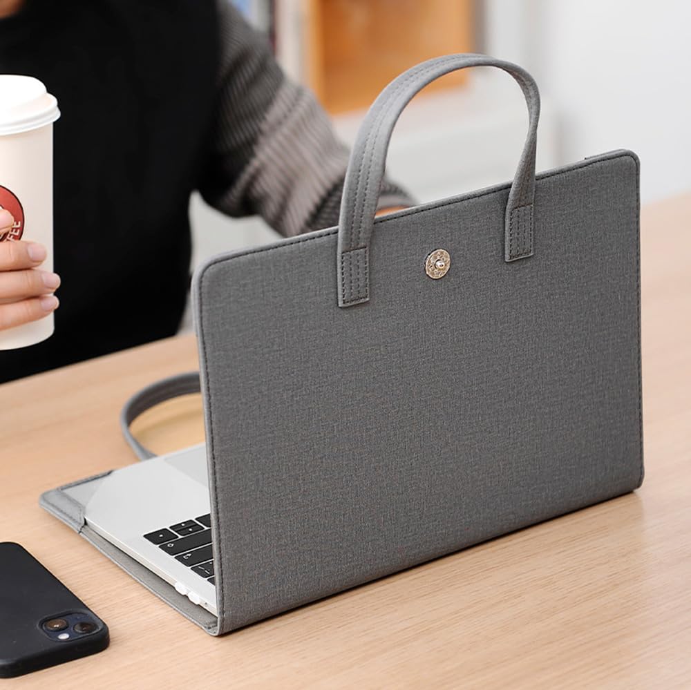 Skórzana torba na laptopa, torba do pracy biznesowej, torba na ramię na komputer, na MacBooka Pro Air, szara (gray D)
