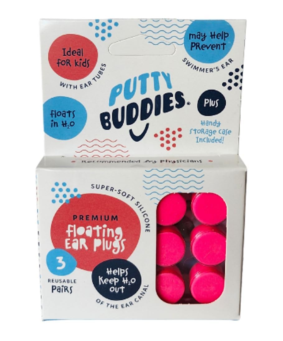 Putty Buddies Floating, Silicone Ear Plugs, Pack of 3 Pairs, Pink