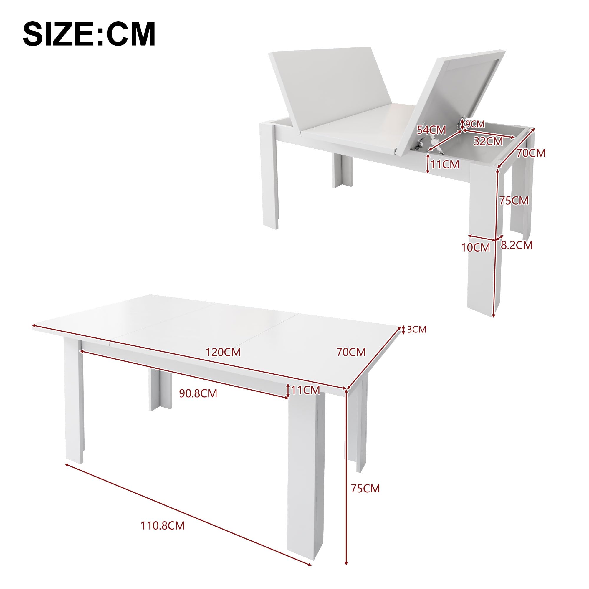 Merax Esstisch 120x70 cm mit verstecktem Stauraum, moderner rechteckiger Küchentisch, platzsparend, multifunktional als Schreibtisch oder Kaffeetisch, weiß
