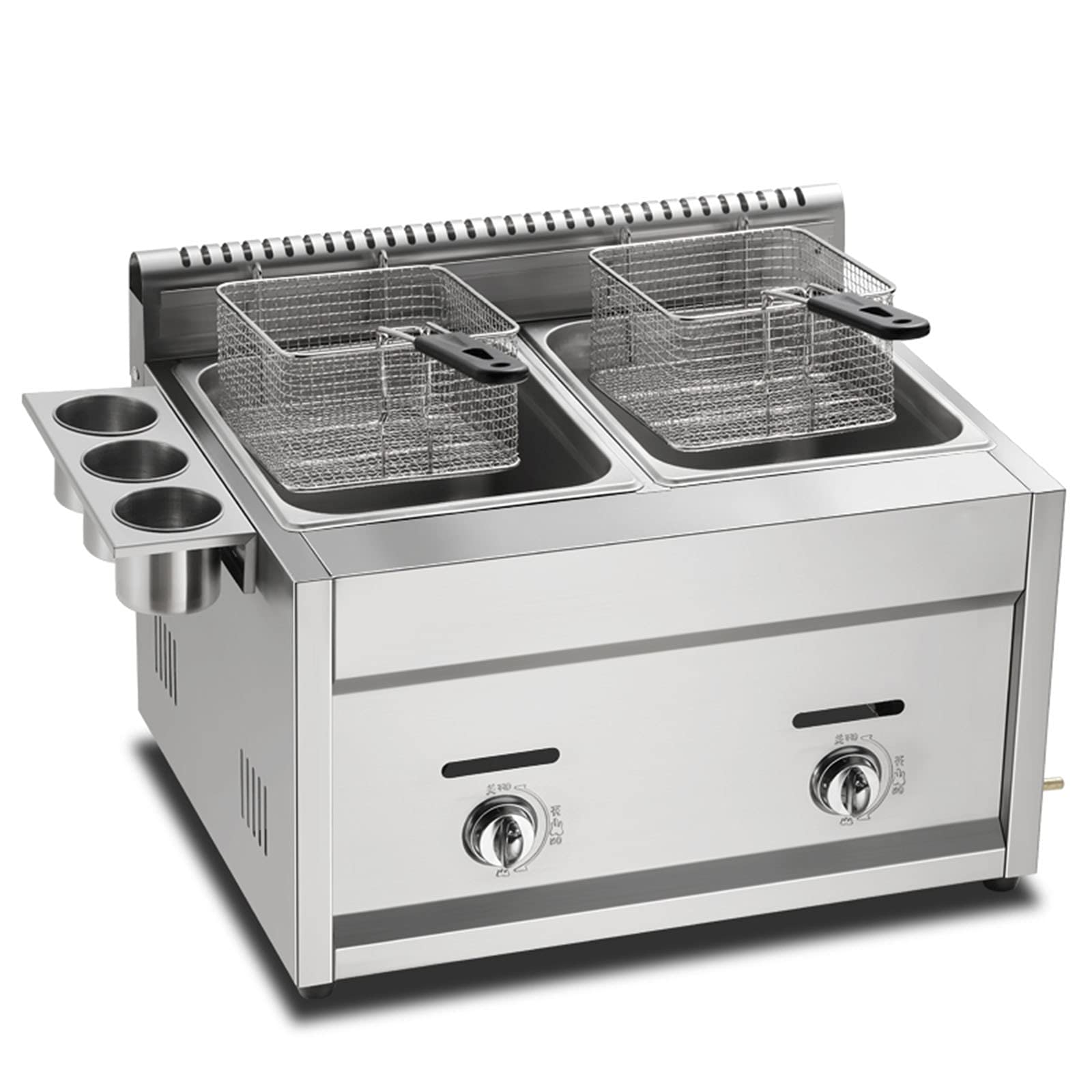 Freidora a gas, freidora profesional de encimera con 2 cestas y tapa, potencia de fuego ajustable, acero inoxidable 304 de grado alimenticio, para patatas fritas, donas, pescado (gas 22L doble)
