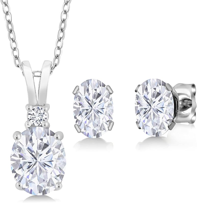 Gem Stone King 925 Sterling Silver Moissanite Diamond Necklace Earrings Set | 3.37 Cttw | Oval 8X6MM and 7X5MM | with 18 Inch Chain | Silver Jewelry Set For Women | Gemstone Birthstone