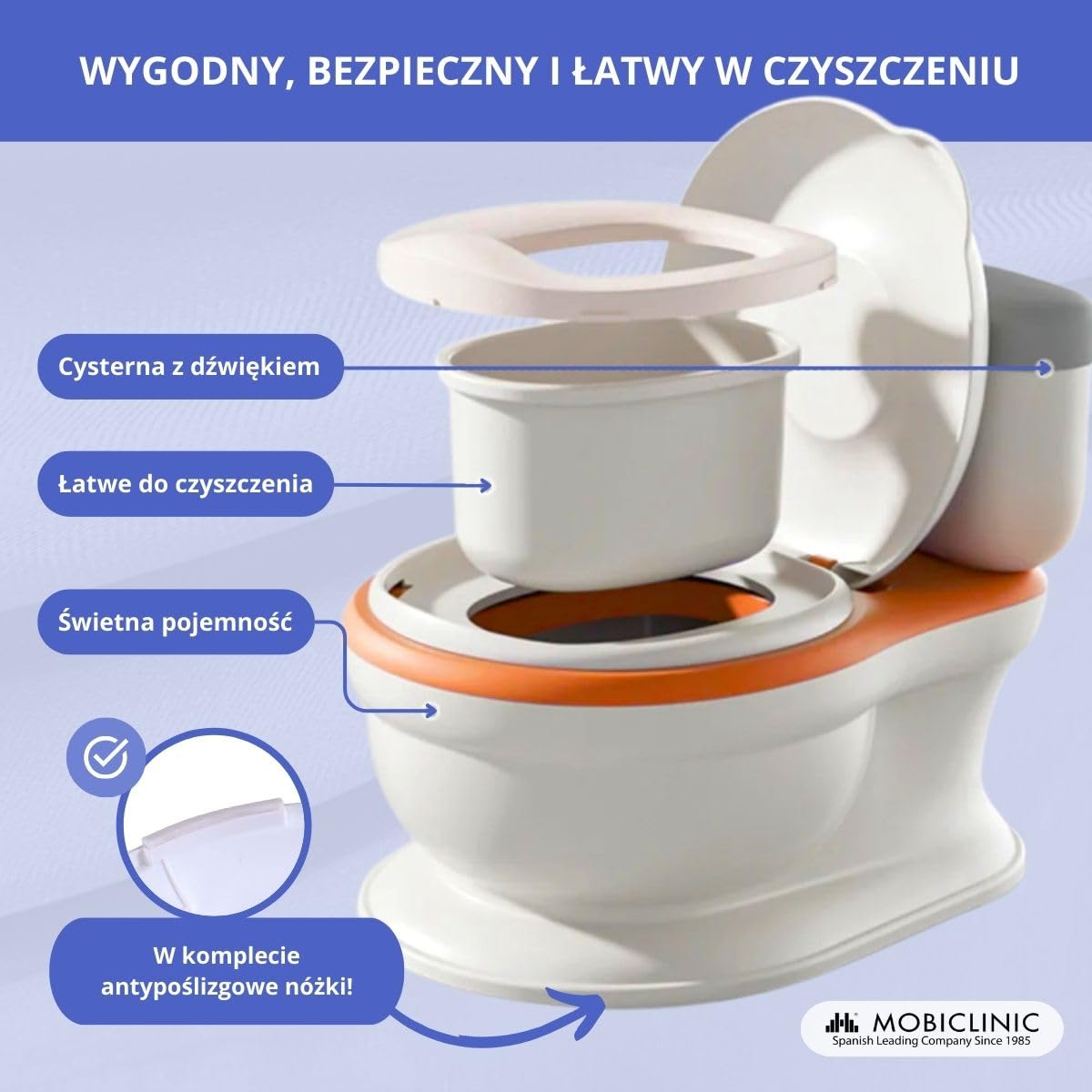 Mobiclinic® kids, Nocnik dla dzieci, Toikid, Wiek 1-6 lat, Z pokrywką, Dźwięk spłukiwania, Przegroda na papier toaletowy, Zasilany bateriami, Wyjmowana misa, Nieprzemakalne siedzisko