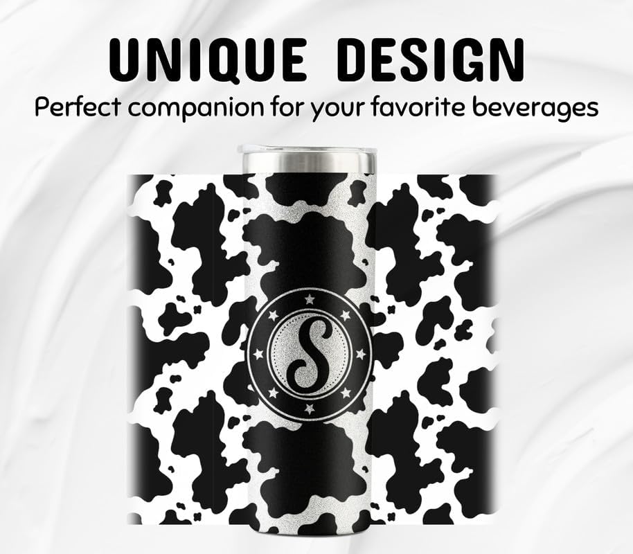 Onebttl Personalized Cow Print Gifts, Cow Gifts for Women on Birthday, Christmas - Cow Print Tumbler, Cup - Glitter Black and White 20 oz Stainless Steel Tumbler with Initial - Letter R