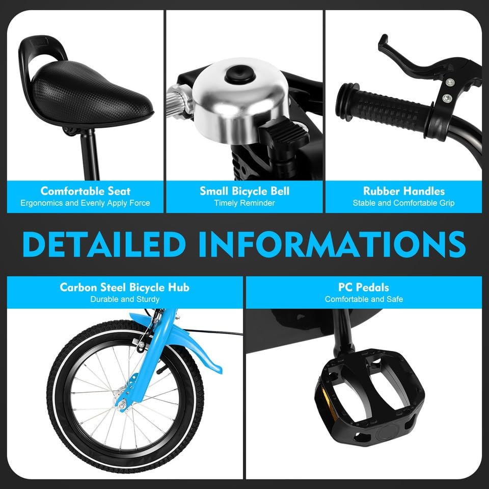 MccoMMon Vélo pour enfant de 14 pouces à partir de 4 ans, vélo pour garçon et fille, avec roues d'entraînement, freins à rétropédalage, roues supplémentaires réglables en hauteur, double système de