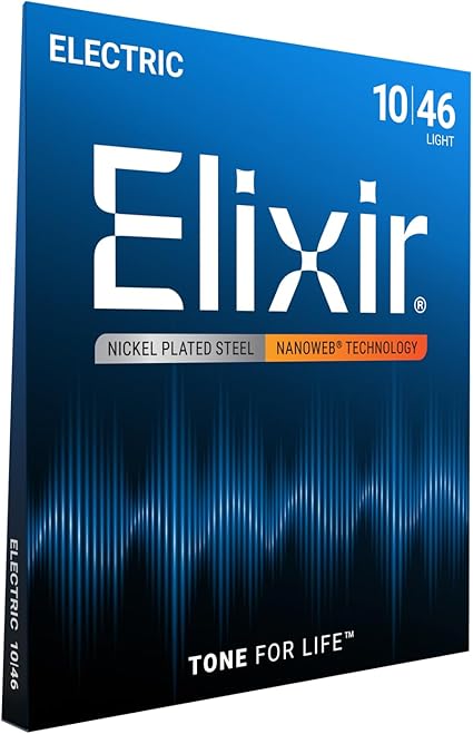 Elixir Strings, Electric Guitar Strings, Nickel Plated Steel with NANOWEB Coating, Longest-Lasting Bright Tone with Comfortable Feel, 6 String Set, Light 10-46