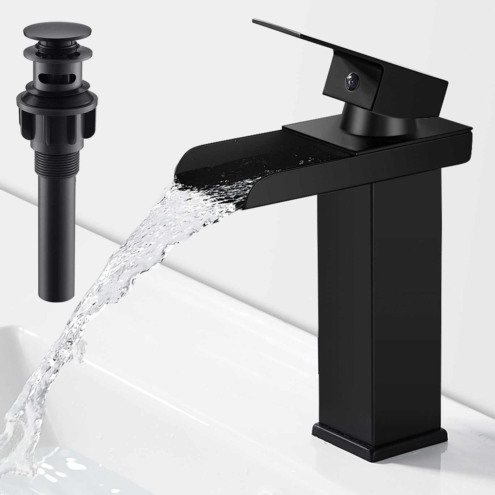AIMOYOWaterfall Bathroom Sink Tap Black Basin Mixer Tap Single Lever Brass Mono Cloakroom Mixer Taps with Pop Up Drain, Cold and Hot Water Available
