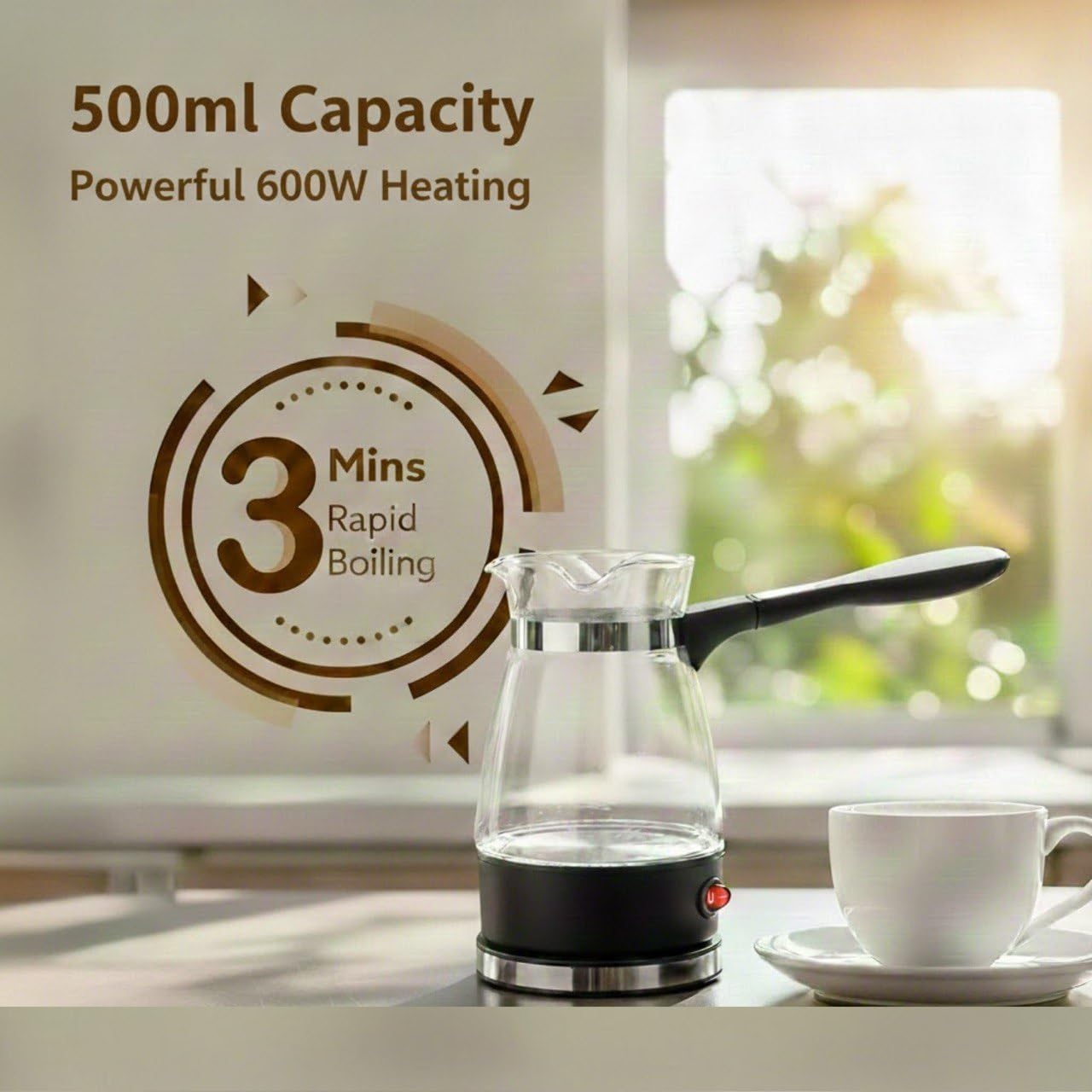 VAMISA Glass Electric Turkish Coffee Maker 0.5L, 600W Fast Boiling Cezve with Cool Touch Handle, Precision Marks, Auto Shut-Off, Portable Coffee Tea Milk Warmer for Travel & Kitchen 2