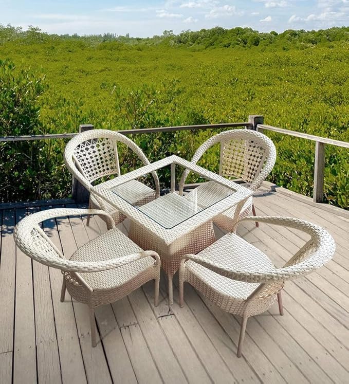 Image of PRATHAM India 5 Piece Outdoor Indoor Patio Furniture Sets Chair Patio Wicker for Living & Dining & Garden Lawn Balcony Office Cafe & Restaurant Garden Chair Furniture with Glass Table