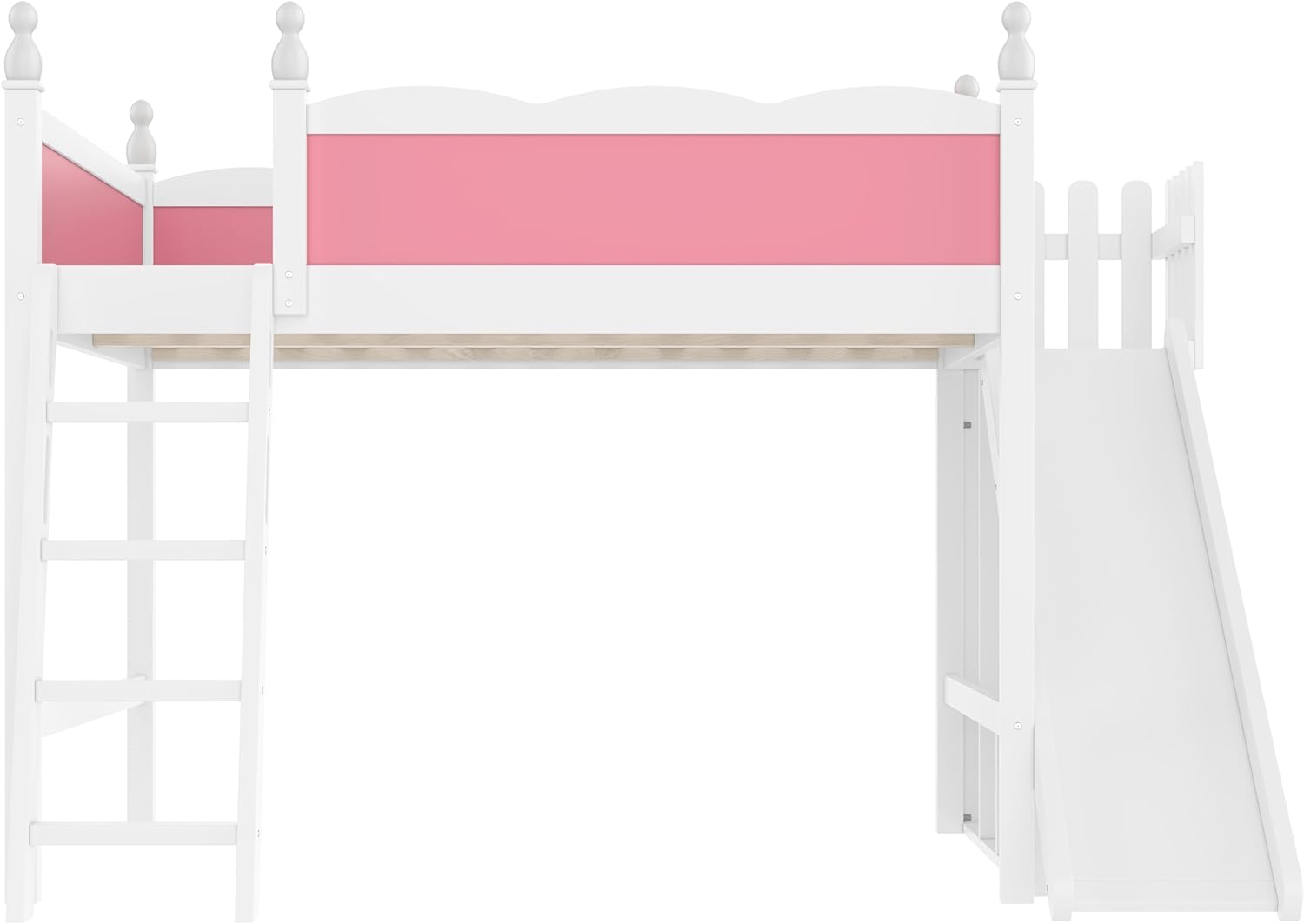 SOFTSEA Queen Size Loft Bed with Slide & Shelves, Kids Wood Loft Bed with Open Shelves and Cabinet, Playhouse Bed Frame with Detachable Slide and Ladder for Kids Girls, Pink + White