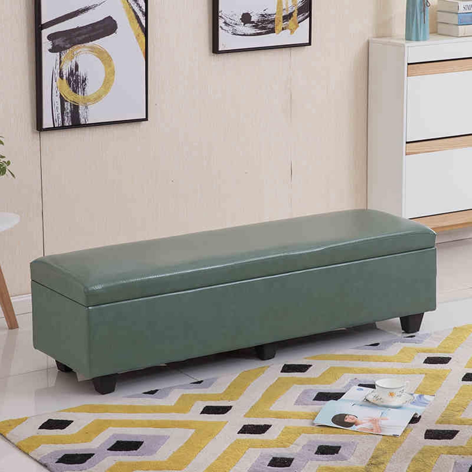 Banc de rangement en similicuir vert haut de gamme, meuble rectangulaire élégant