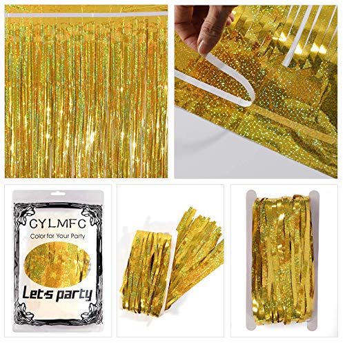 Image of CYLMFC Gold Fringe Curtain - 2 Packs 3ftx8ft Sparkle Metallic Party Backdrop Curtain Photo Booth Props Birthday Decorations Gold Birthday Backdrop