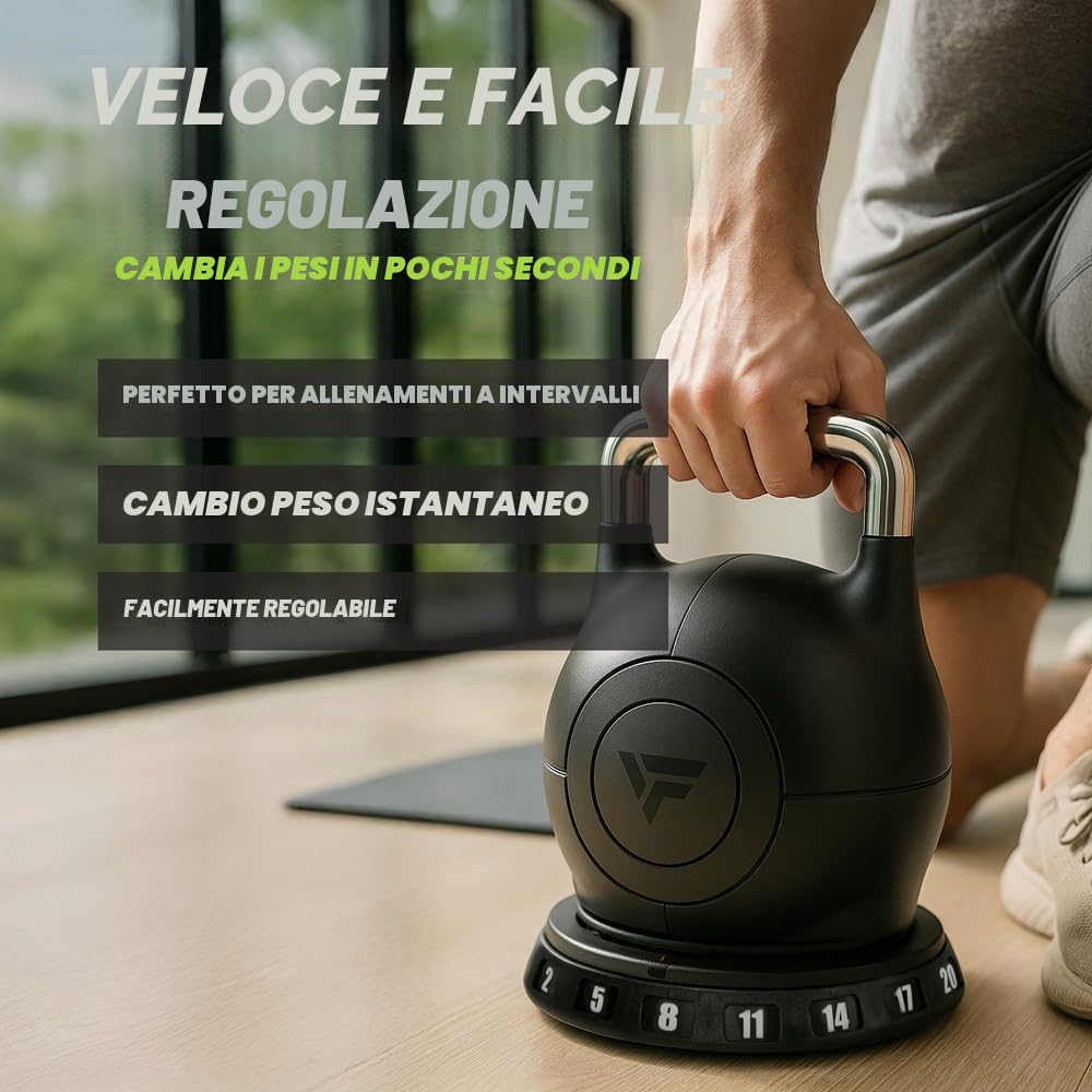 VirtuFit Kettlebell regolabile 2/20 kg | Costruzione in acciaio resistente | Allenamento funzionale, crossfit e sport di forza | Manico ergonomico | Nero