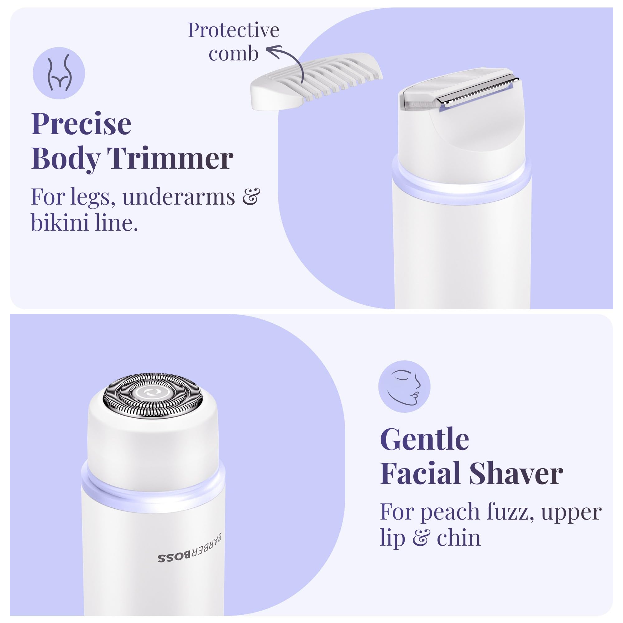 BarberBoss Rasoio da donna 2 in 1, kit per la rimozione dei peli del viso e del bikini, con luce di precisione, set da viaggio ricaricabile (Bianco)