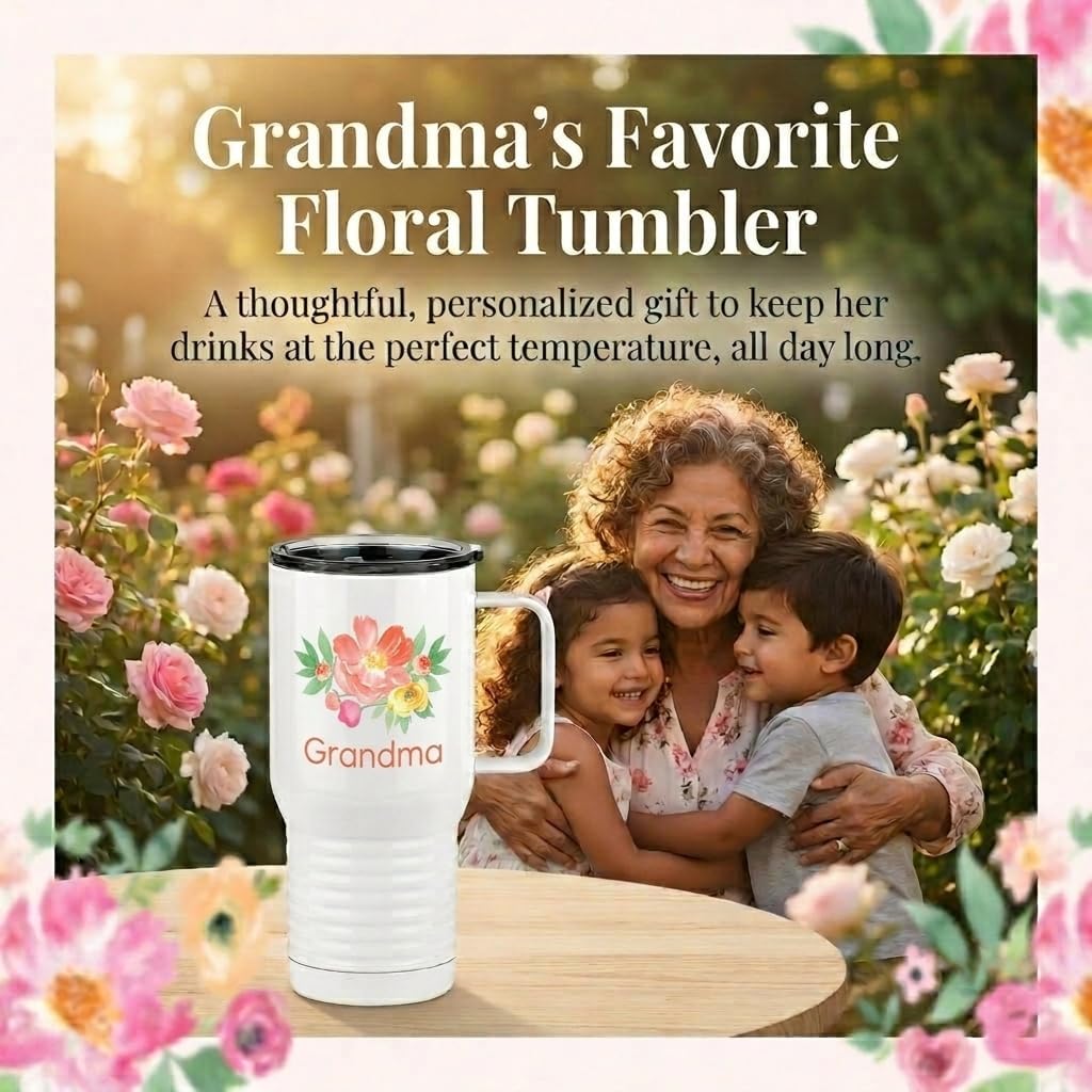 Just So Posh Grandma Flowers Tumbler, 20 oz Travel Coffee Mug with Handle & Straw Lid, Stainless Steel Insulated Coffee Tumbler, Gift for Grandmother image 2