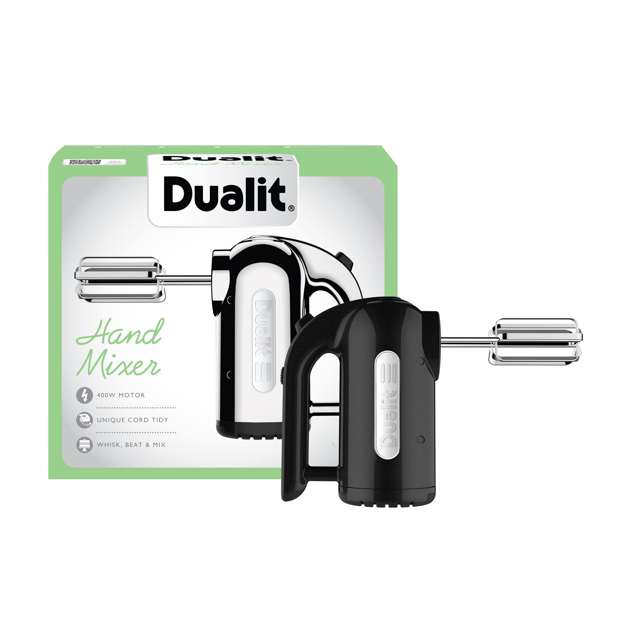 Dualit Handrührer - Schwarz, 400W, 4 Stufen, Einziehbares Kabel - Rührgerät Küche Ideal zum Backen mit Rührbesen, Knethaken & Schneebesen Aufsatz - Teig Mixer für Kuchen, Brot, Eischnee