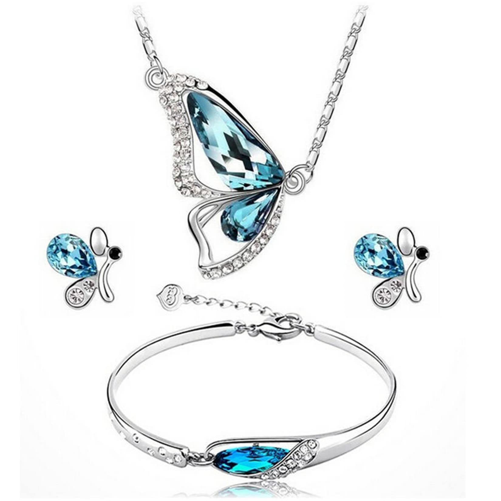 Parure Collier Et Boucles D'oreilles Cœur Cristal Bleu - Bijoux Argent 925 Femme Fille Yumilok