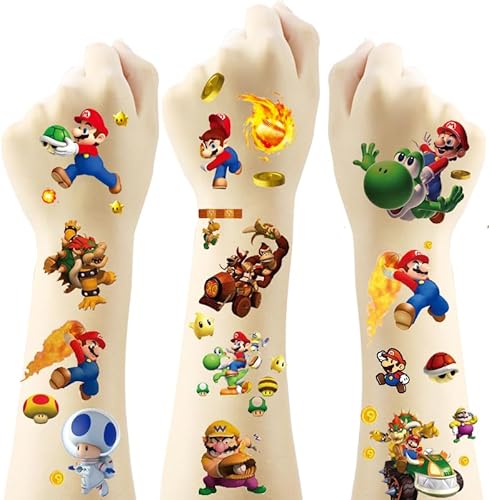 8 Sheets(194Pcs) Mario Temporary Tattoos Stickers, Mario Tattoo for Kids,Children's Temporary Tattoo Toys,Waterproof Tattoo Stickers for Mario Theme Birthday Party Favors