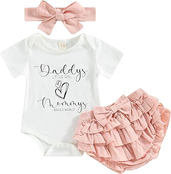 Newborn Summer Outfits Baby Girls Letter Print Short Sleeve Romper Ruffle Shorts Headband Mommy and Daddy Clothes