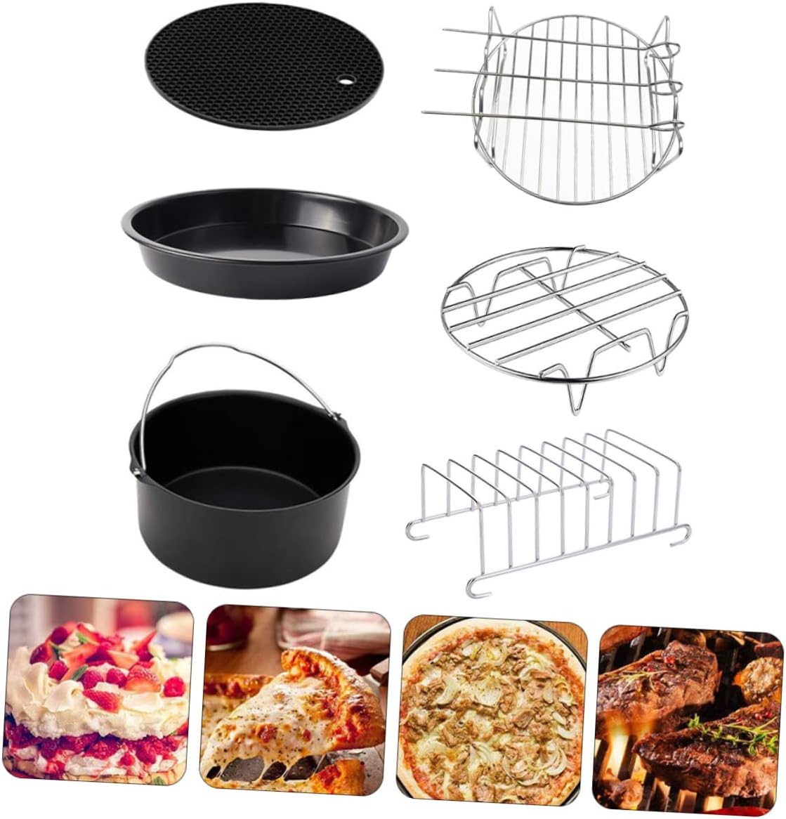 6-Piece Air Fryer Baking Accessories Set 8-Inch Pizza Tray Nonstick Baking Pan and Frying Rack and Frying