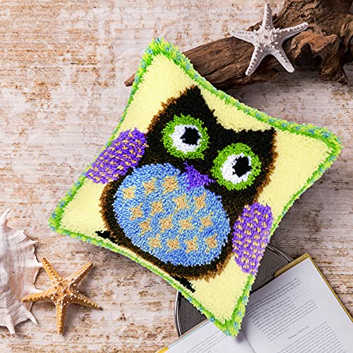 Image of clubevy DIY Latch Hook Kits Pillow Case Embroidery Carpet Set Needlework Pillow Cover Sofa Cushion Cover Craft Kits 17x17 inch (Owl)